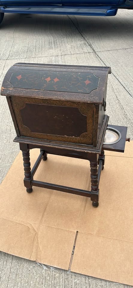 Antique Vintage Turkish Parlor Smoke Stand – Painted Grain Humidor Cabinet w/ Copper Lining - image 2