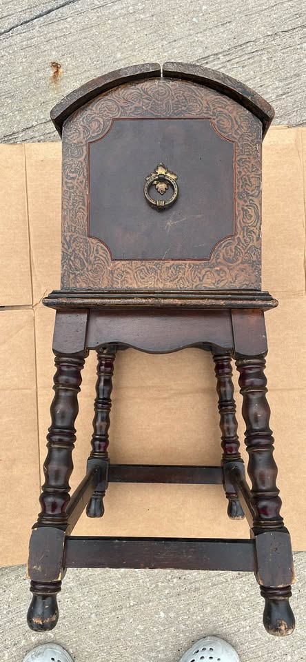Antique Vintage Turkish Parlor Smoke Stand – Painted Grain Humidor Cabinet w/ Copper Lining
